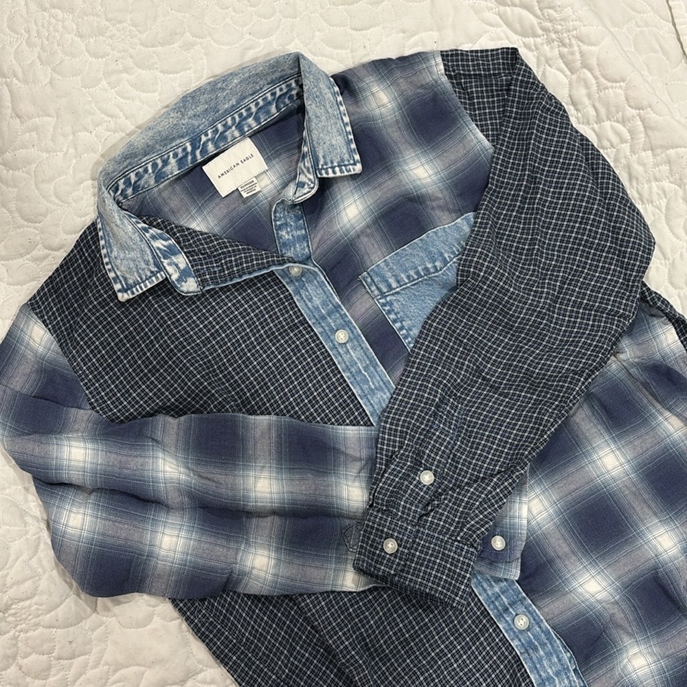 American Eagle Multi Printed Plaid Chambray Denim Button up Shirt